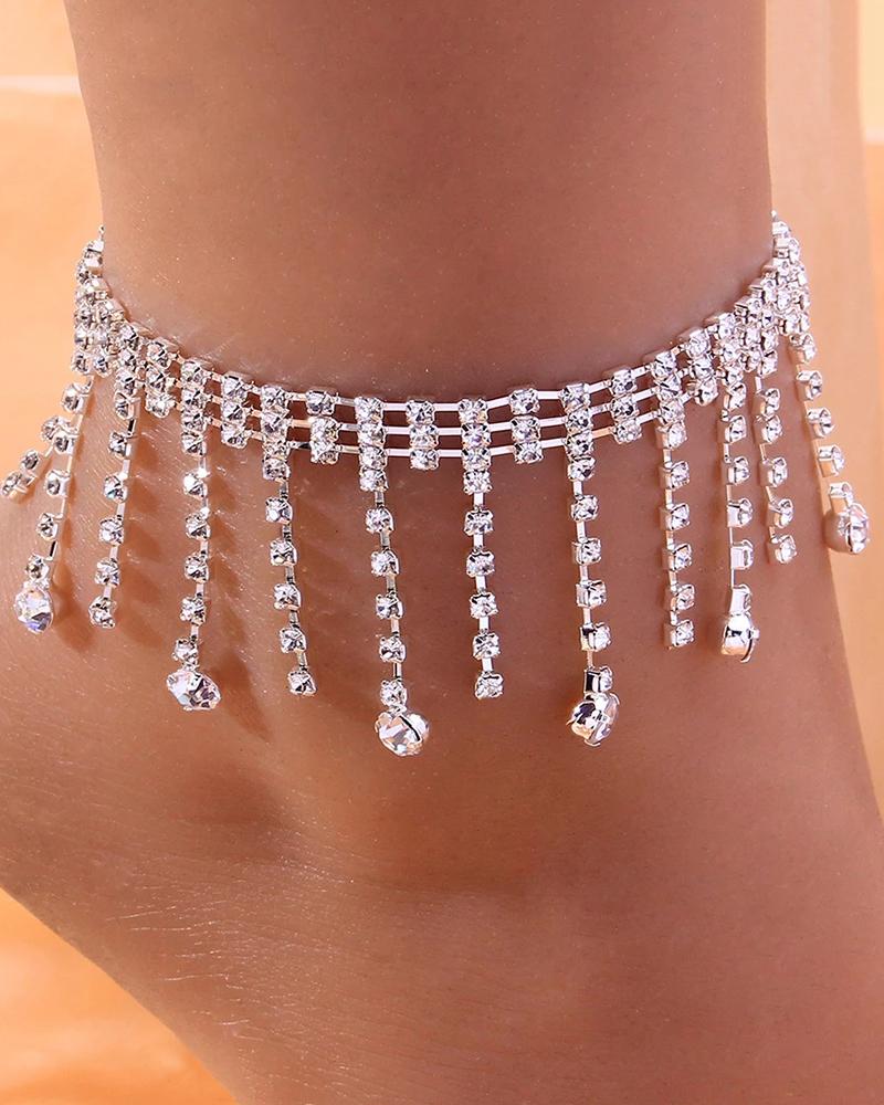 

1pcs Crystal Tassel Design Chain Anklet, Silver