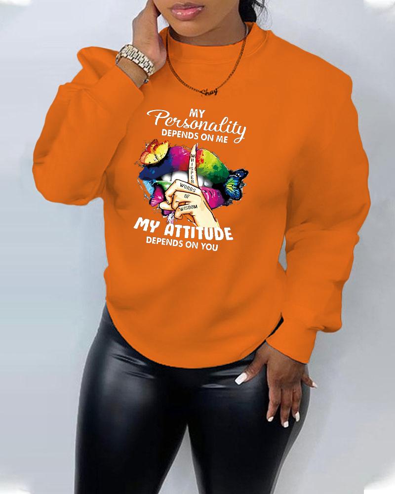 

Plus Size Slogan Butterfly Print Long Sleeve Sweatshirt, Orange