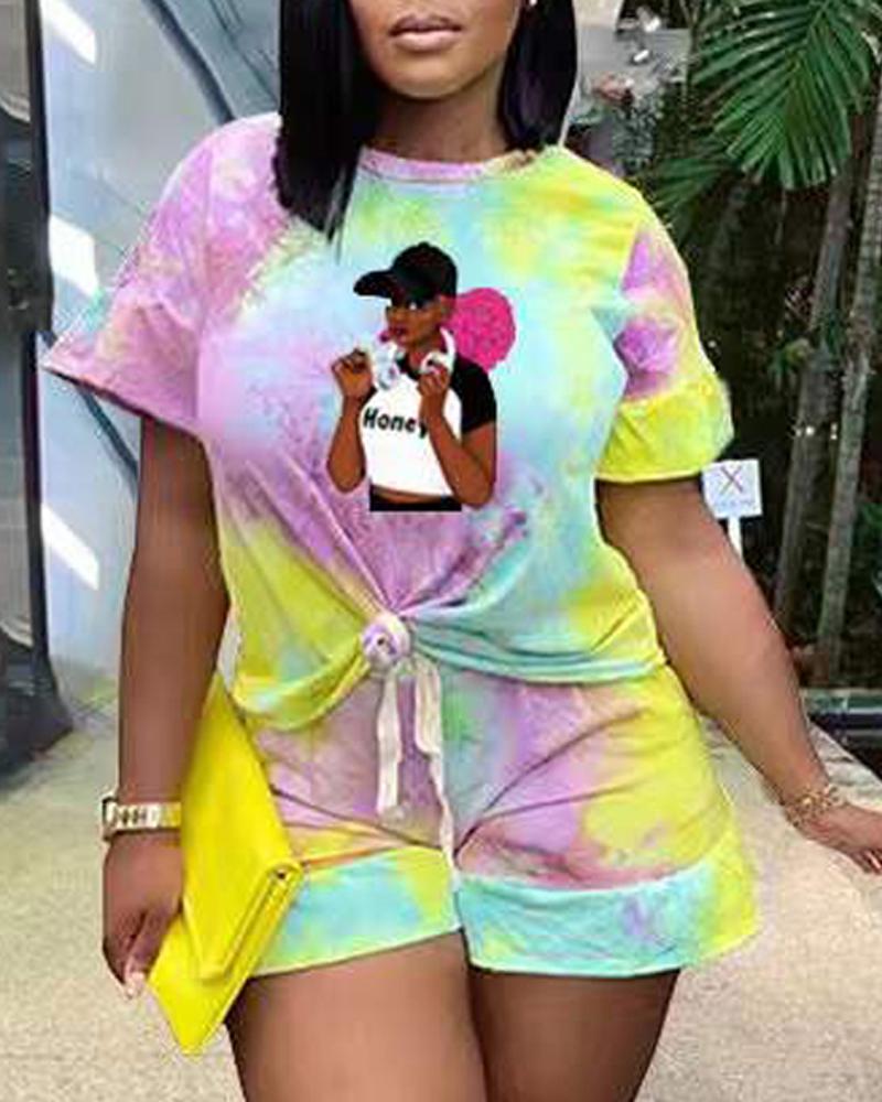 

Plus Size Figure Tie Dye Print Casual Top & Shorts Set, Multicolor