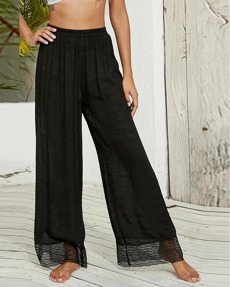 

Contrast Lace High Waist Wide Leg Pants, Black