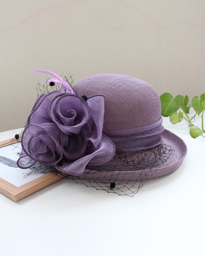 

Feather Fascinator Hat Floral Veil Mesh Dress Hats Wedding Cocktail Tea Party Church Cap, Purple