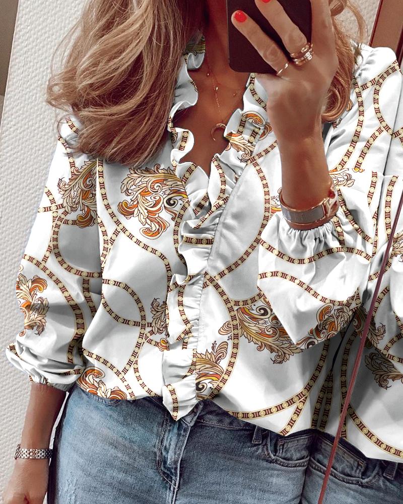 

Long Sleeve All Over Print Ruffles Casual Blouse, White