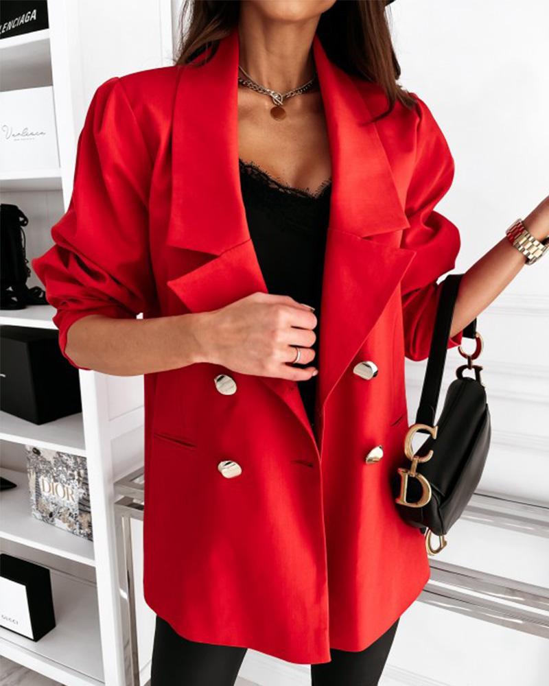 

Plain Double Breasted Long Sleeve Blazer Coat, Red