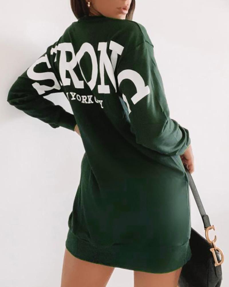 

Long Sleeve Letter Print Casual Sweatshirt Dress, Army green