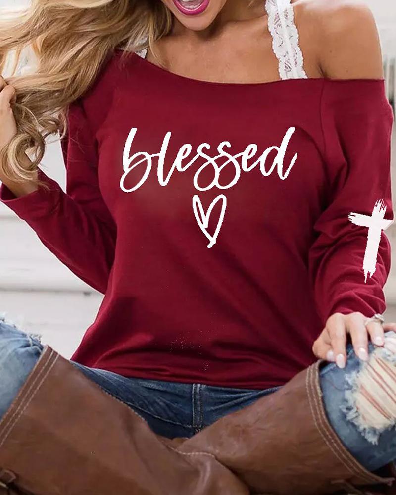 

Letter Heart Print Contrast Lace One Shoulder Long Sleeve Top, Red