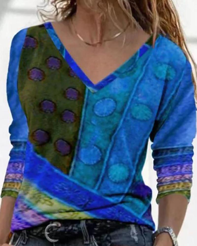 

V Neck Colorblock Long Sleeve Abstract Print Top, Blue