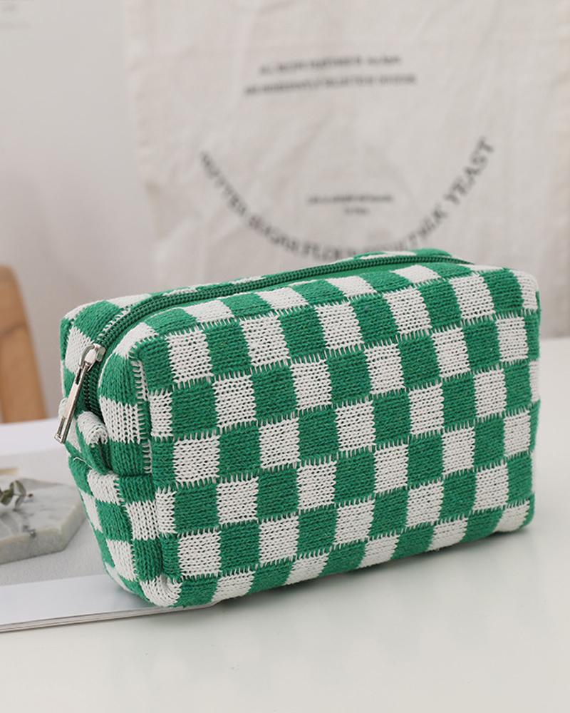 

Plaid Knitted Makeup Bag, Green