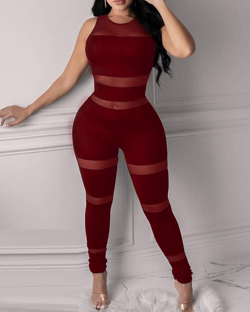 

Sheer Mesh Sleeveless Skinny Jumpsuit, Wine red
