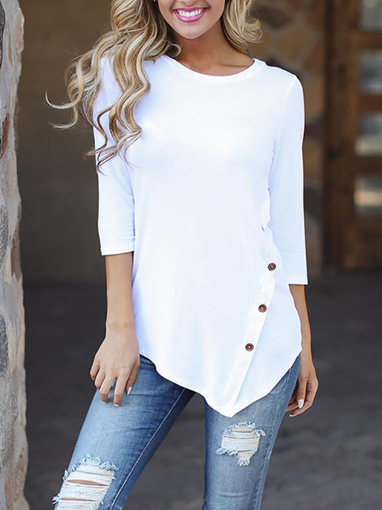 

Irregular Solid Buttoned Detail Casual Blouse, White