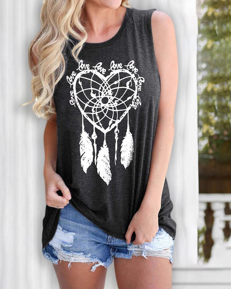 

Feather Print Casual Tank Top, Dark grey