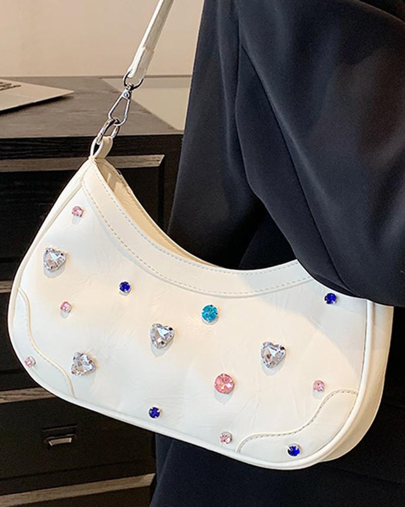

Heart Rhinestone Decor Zipper Design Crossbody Bag, White