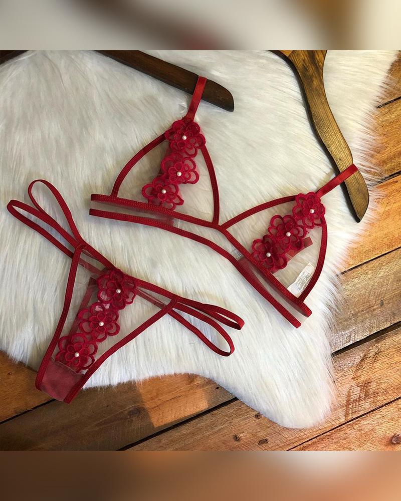 

Beaded Decor Contrast Mesh Floral Lace Lingerie Set, Red