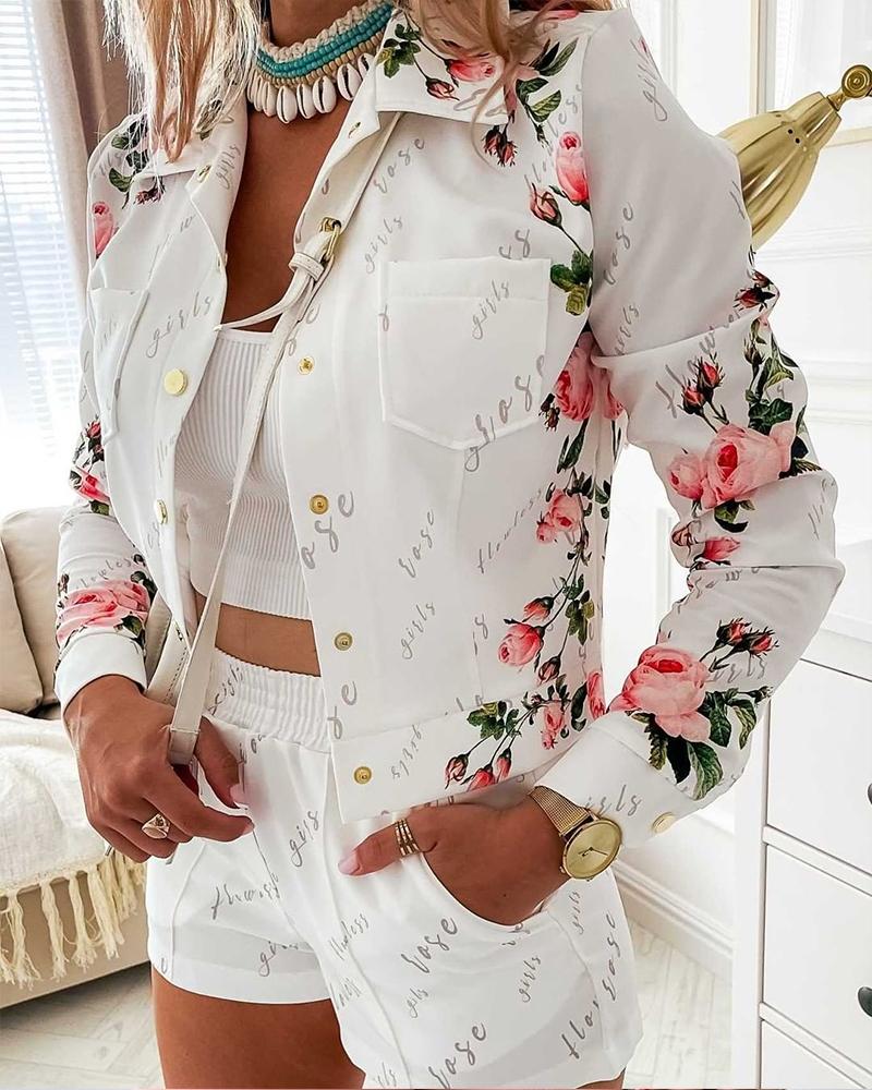 

Floral Letter Print Long Sleeve Top & Shorts Set, White