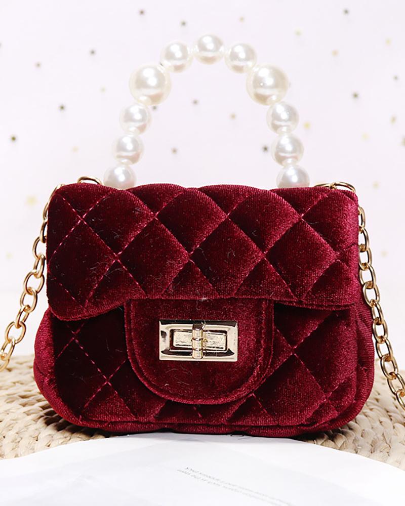 

Quilted Velvet Twist Lock Beaded Strap Mini Satchel Bag, Wine red