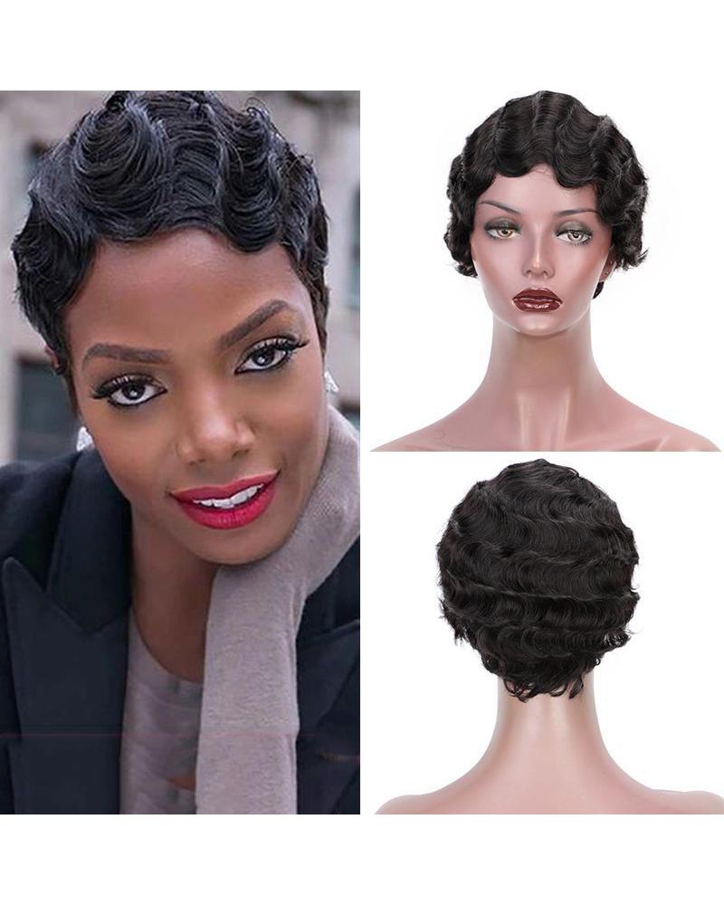 

Human Hair Blend Wig Short Curly Natural Black Fashion Vintage Short Wig