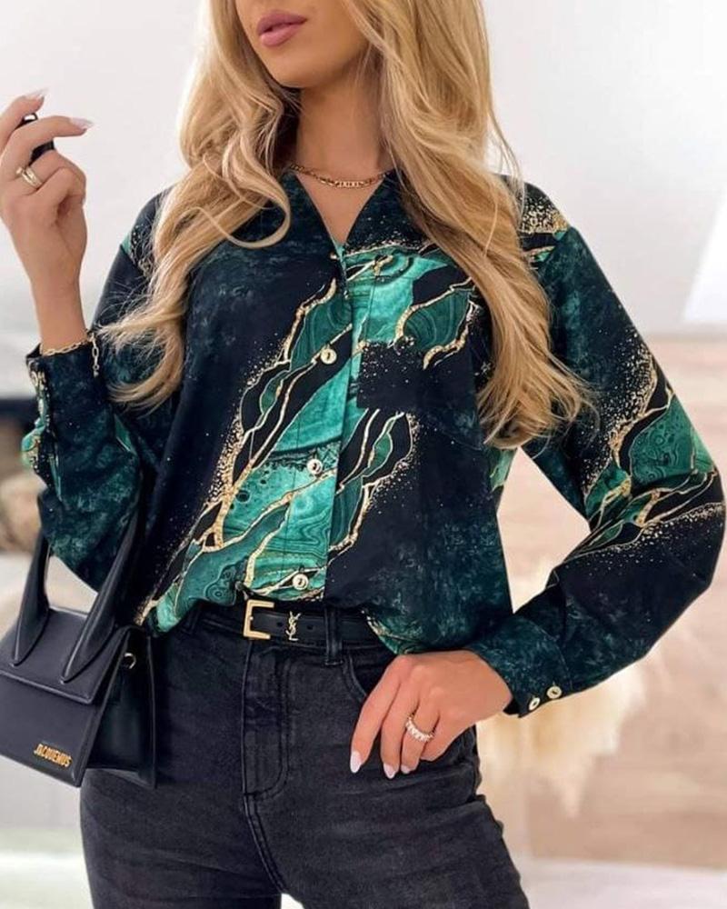 

Abstract Print Long Sleeve Button Down Shirt, Green