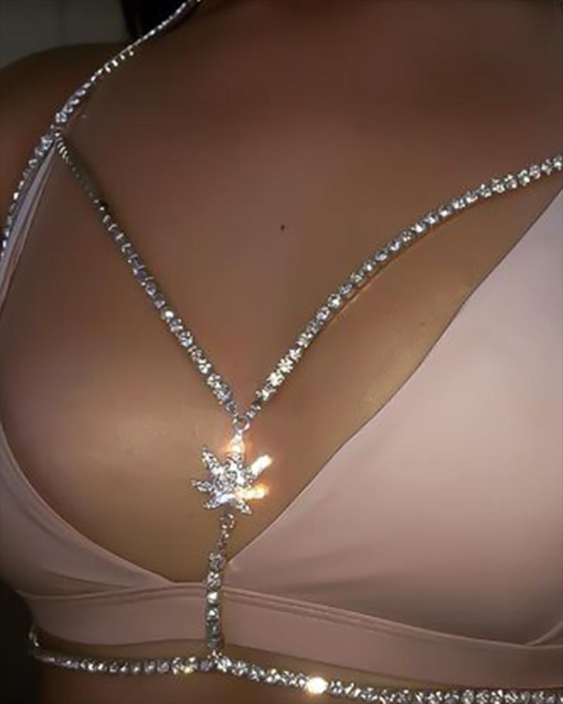 

Maple Leaf Pattern Rhinestone Body Chain, Silver