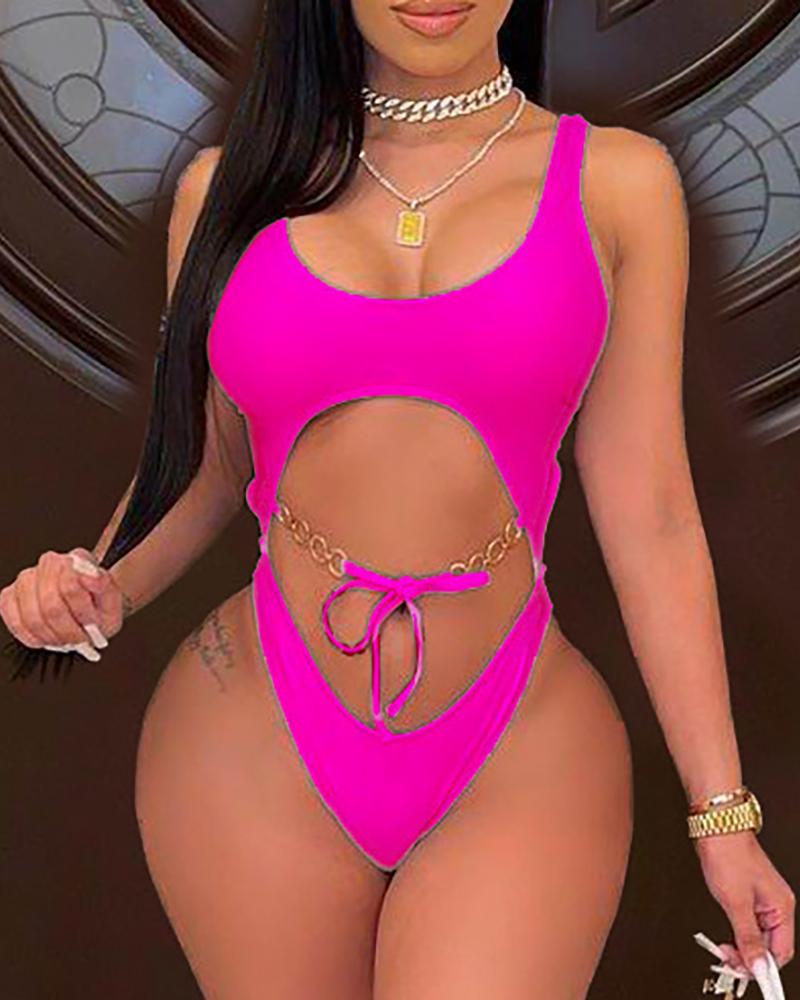 

Plain Cutout Thick Strap One Piece Swimwear, Hot pink