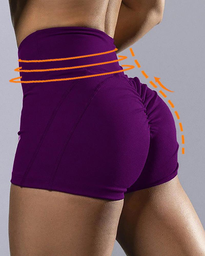 

High Waist Plain Ruched Sporty Yoga Shorts, Purple