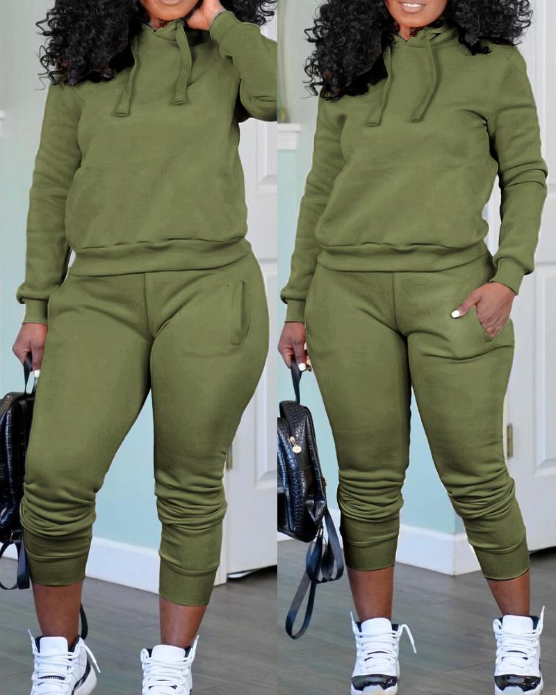 

Drawstring Hooded Sweatshirt & Pocket Design Cuffed Sweatpants Set, Army green