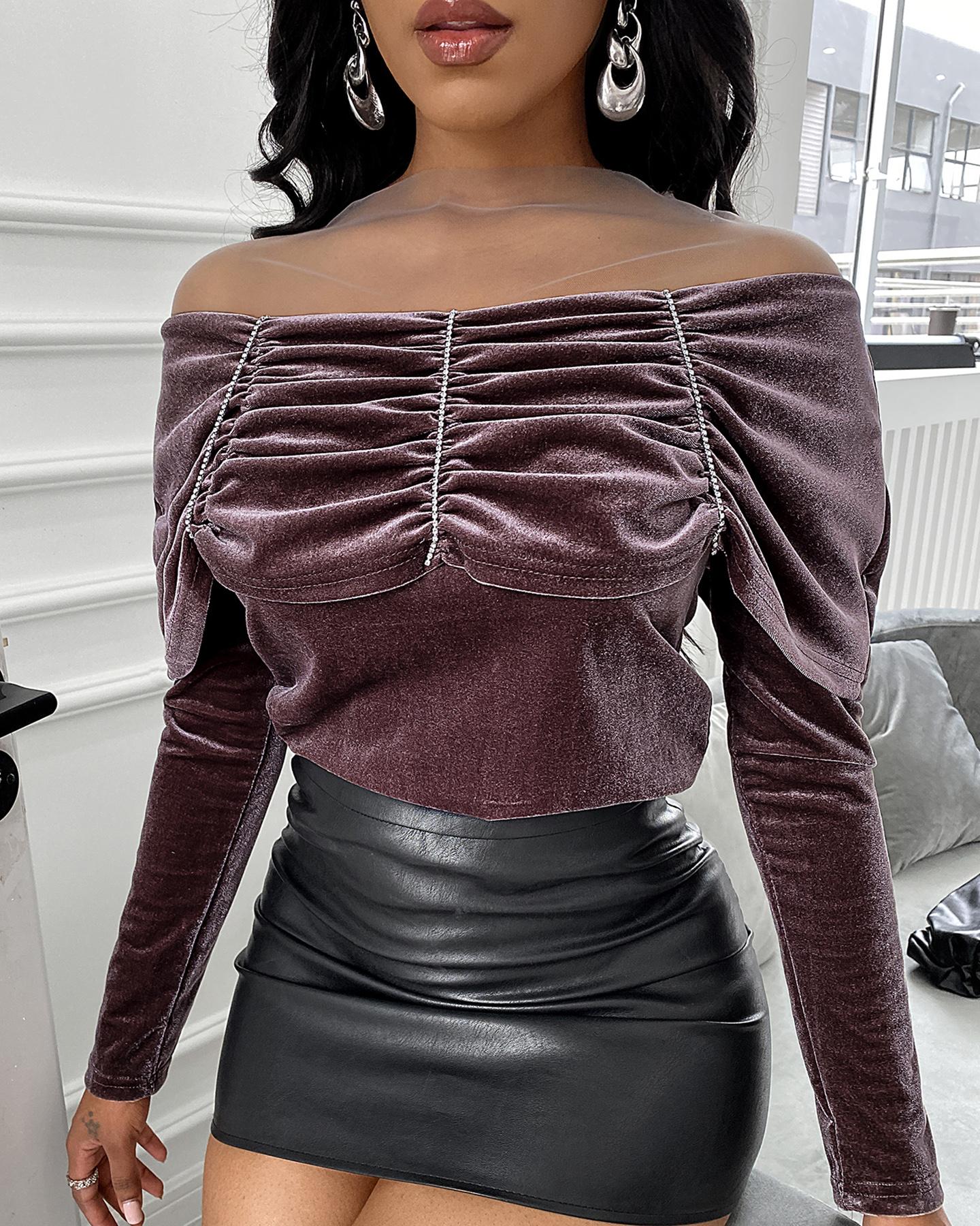 

Velvet Studded Ruched Sheer Mesh Top, Coffee