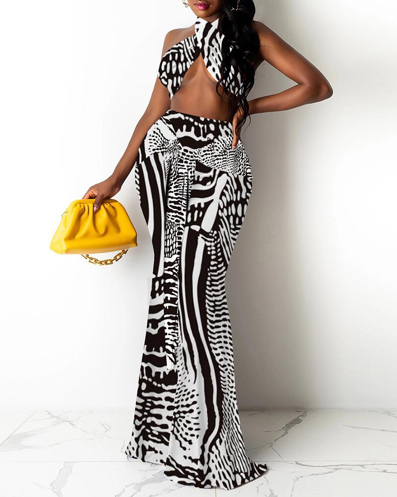 

Scarf / Cheetah / Colorblock Halter Crop Top & Maxi Skirt Set, Black