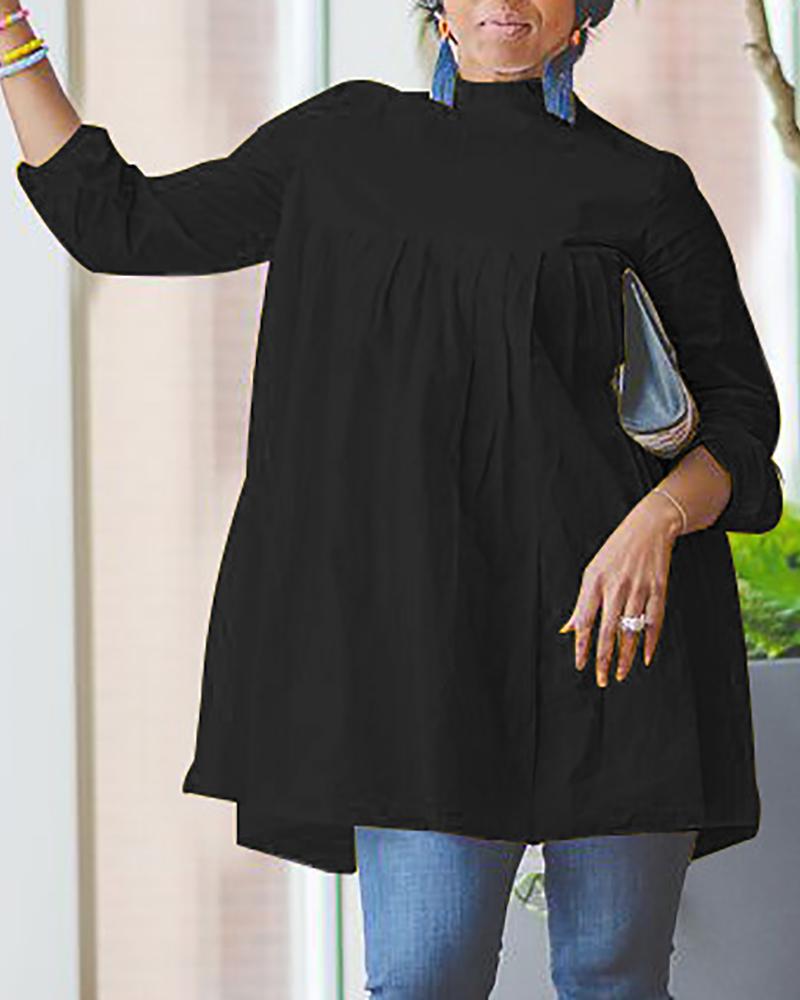 

Solid Mock Neck Ruched Loose Blouse, Black