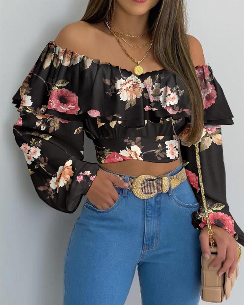 

Floral Print Off Shoulder Ruffle Hem Ruched Lantern Sleeve Crop Top, Multicolor