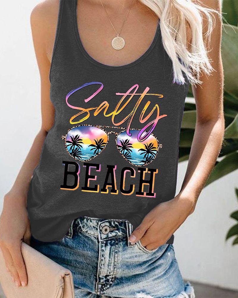 

Sunglasses Beers Coconut Tree Landscape Print Graphic Tee Summer Beach Vest Tank Top, Dark grey