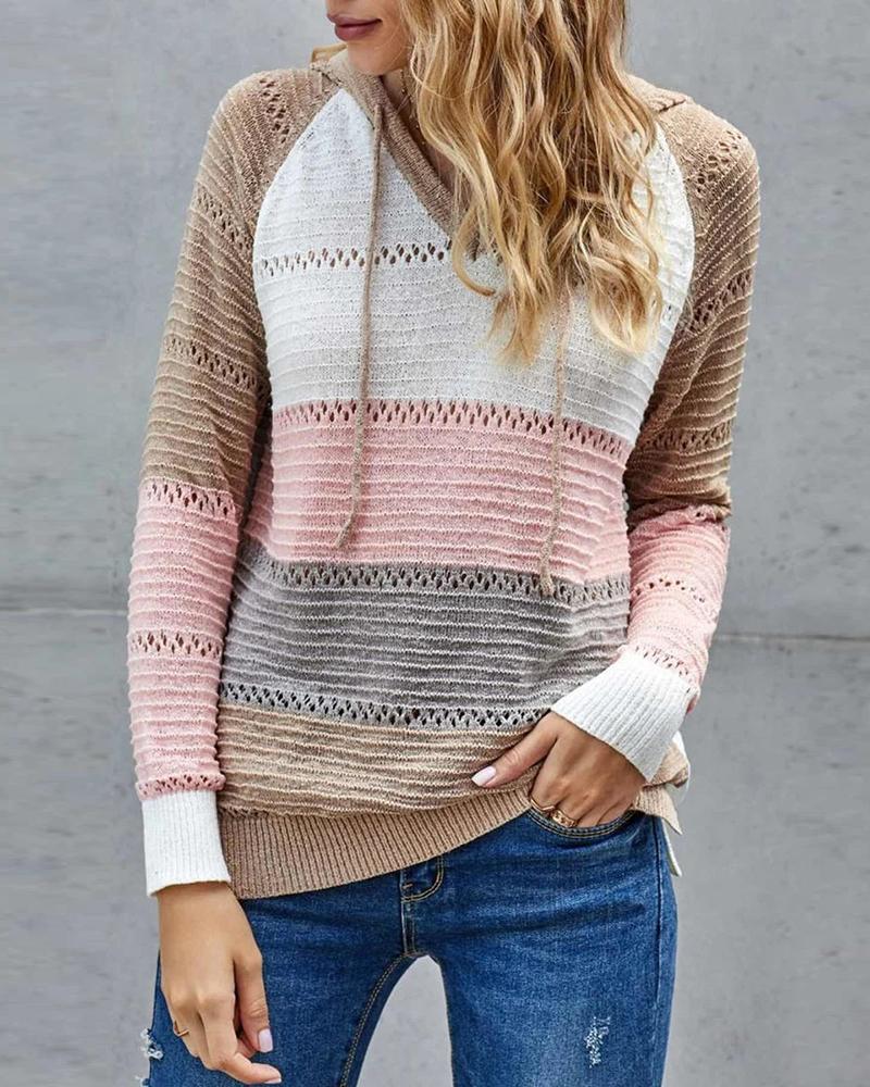 

Knit Colorblock Hollow Out Hooded Sweater, Pink