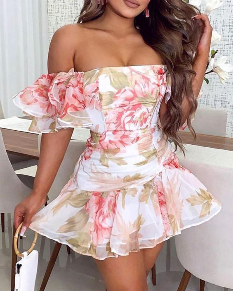 

Floral Print Off Shoulder Ruffle Hem Ruched Dress, White