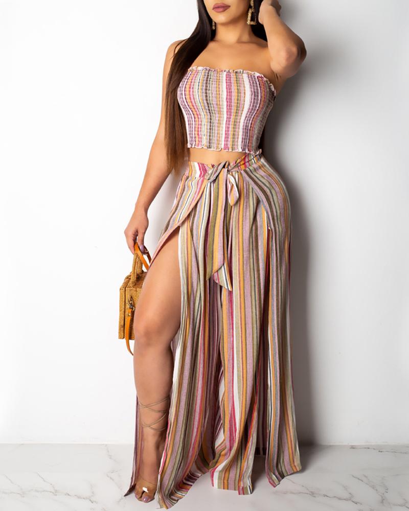 

Colorful Striped Shirring Tube Top & Slit Leg Set, Pink
