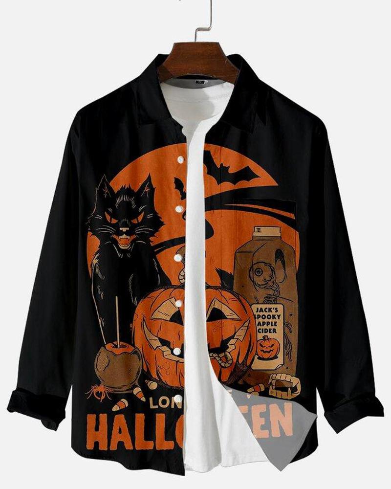 

Mens Halloween Moon Bats Printed Long Sleeve Button Up Shirt, Black