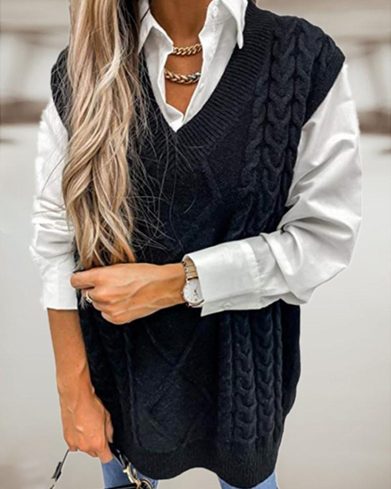 Braided Knit V-neck Vest Sweater