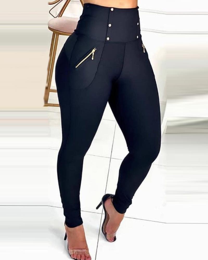 

High Waist Zipper Design Skinny Pants, Black