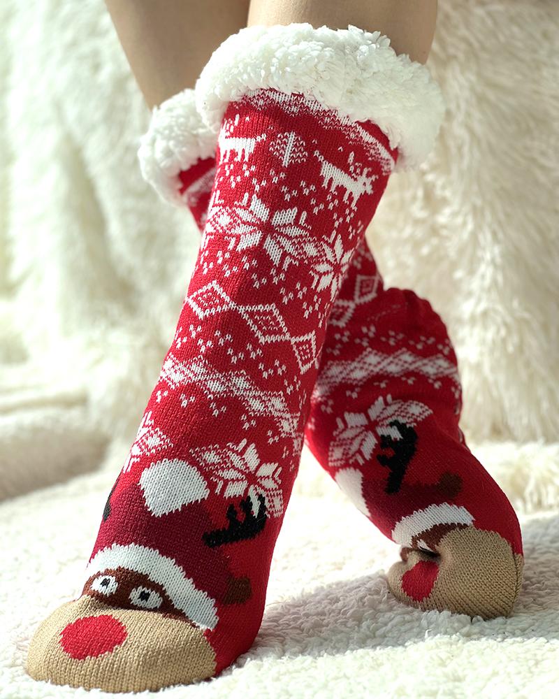 

1Pair Christmas Reindeer Snowflake Cartoon Slogan Knit Thermal Socks, Style9