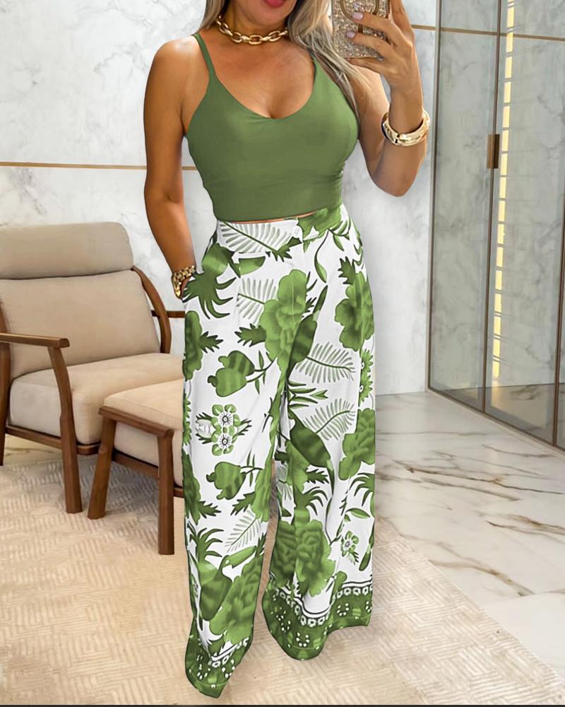

Conjunto de 2 peças de calças de férias com estampa floral, decote em U, alças finas, cintura alta, pernas largas e bolso, Green