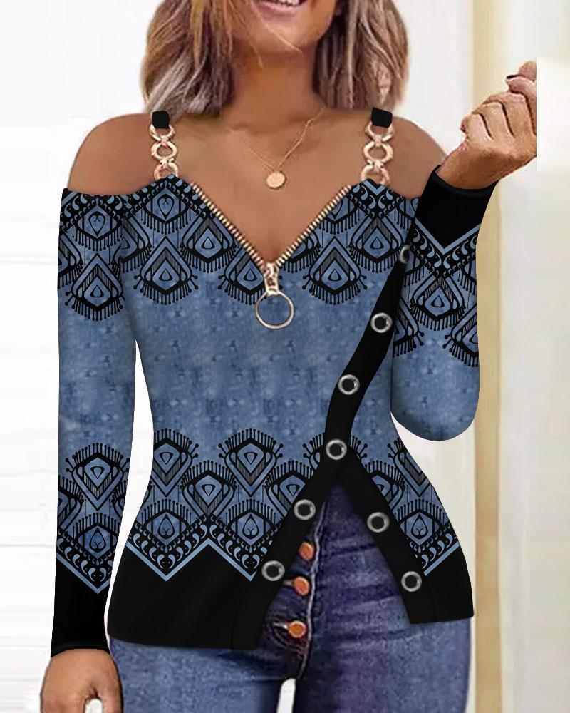 

Tribal Print Zip Detail Cold Shoulder Top, Black