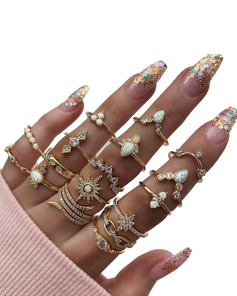 

17PCS Studded & Beaded Decor Rings Set, Gold