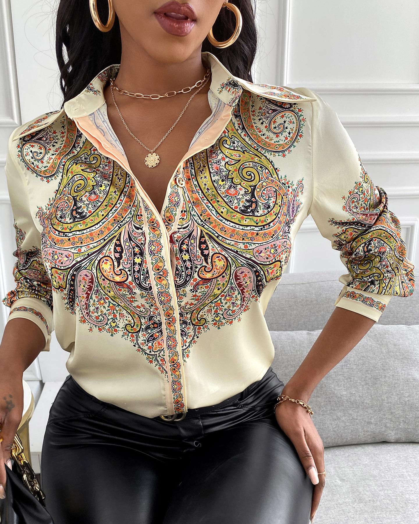 

Paisley Print Long Sleeve Satin Shirt, Apricot