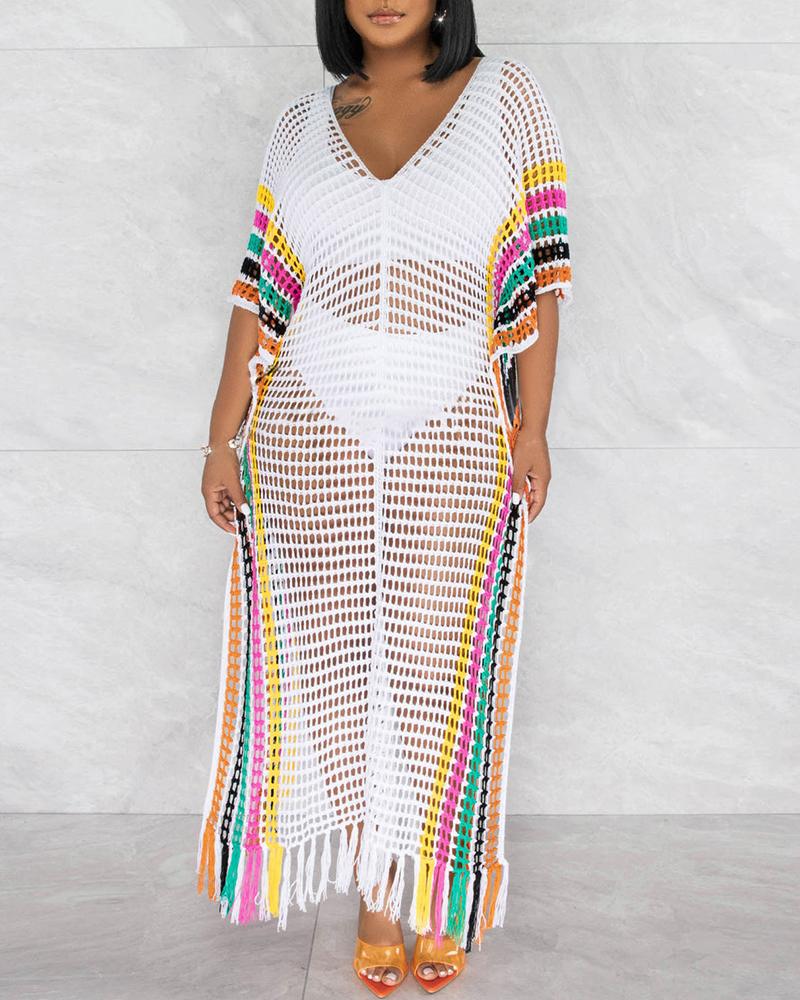 

Striped Hollow Out Crochet Cover Up Dress, White