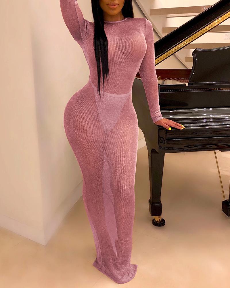 

Long Sleeve Backless See Through Bodycon Dress, Pink