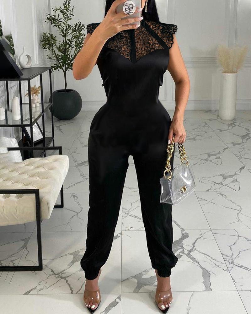 

Contrast Lace Sleeveless Jumpsuit, Black