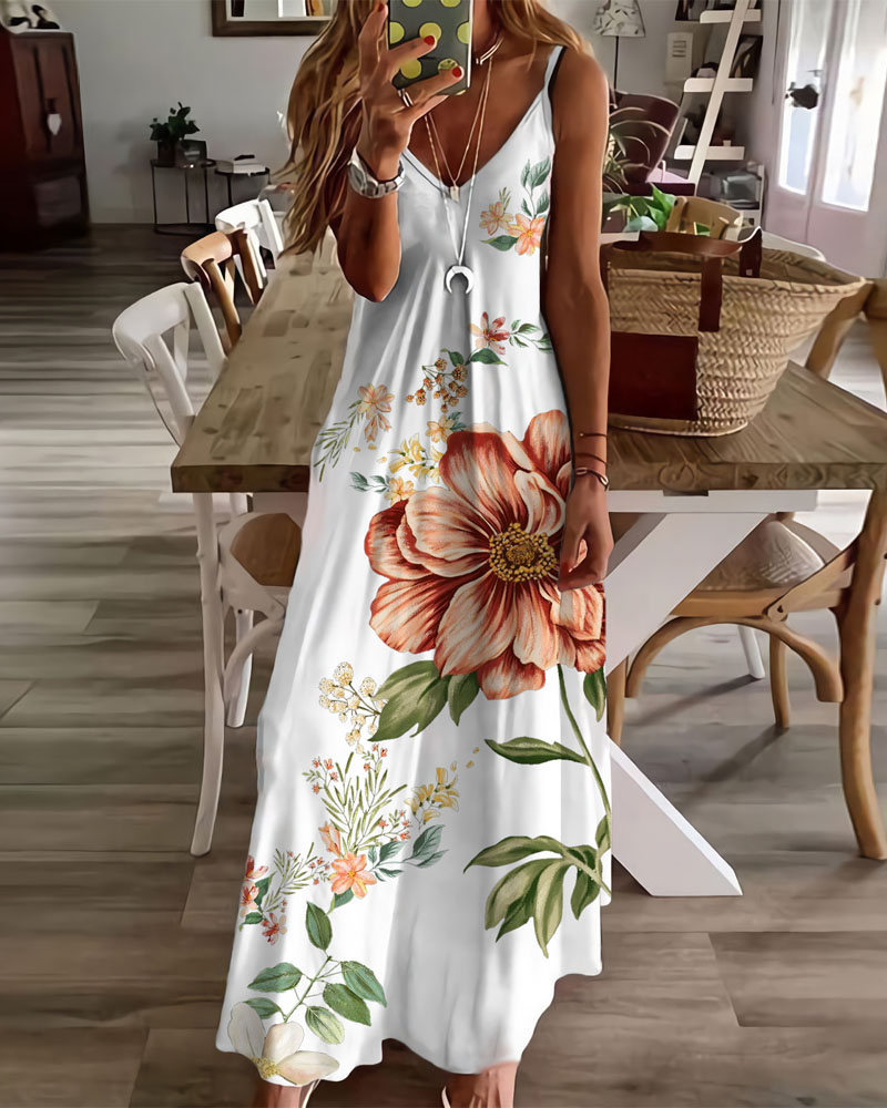 

Floral Print V-Neck Spaghetti Strap Maxi Dress, White