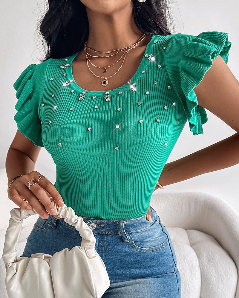 

Rhinestone Ruffle Hem Round Neck Knit Top, Green