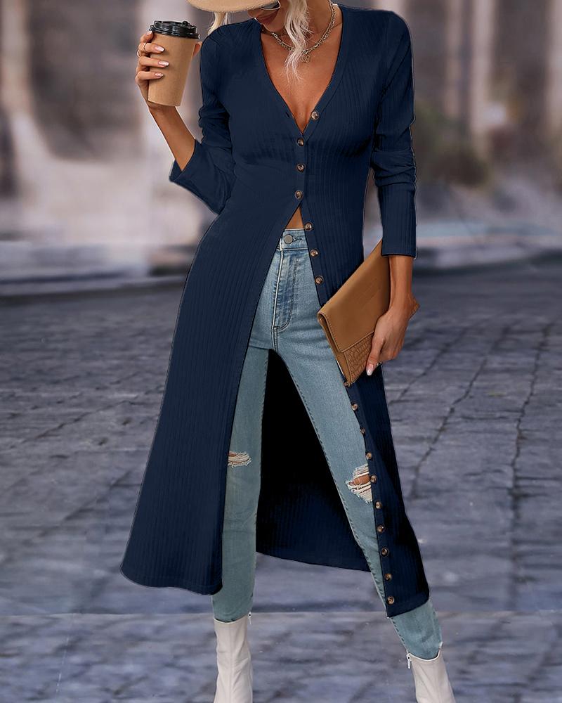 

Long Sleeve Buttoned Ribbed Longline Top, Purplish blue