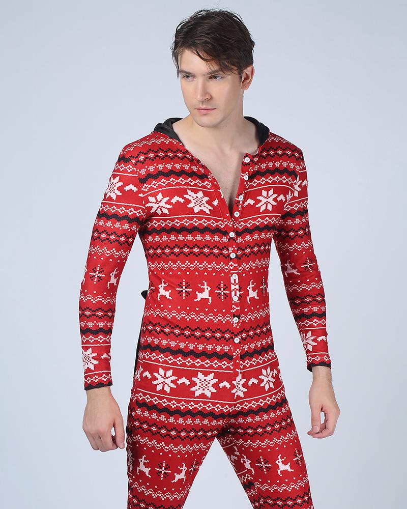 

Christmas Reindeer Patterns Long Sleeve Rabbit Ear Hoodies Jumpsuit Sleepwear, Red