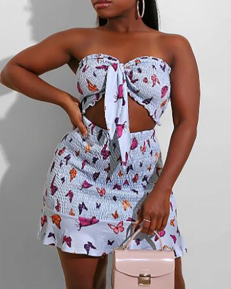 

Butterfly Print Frill Hem Shirring Detail Knotted Front Cutout Dress, White