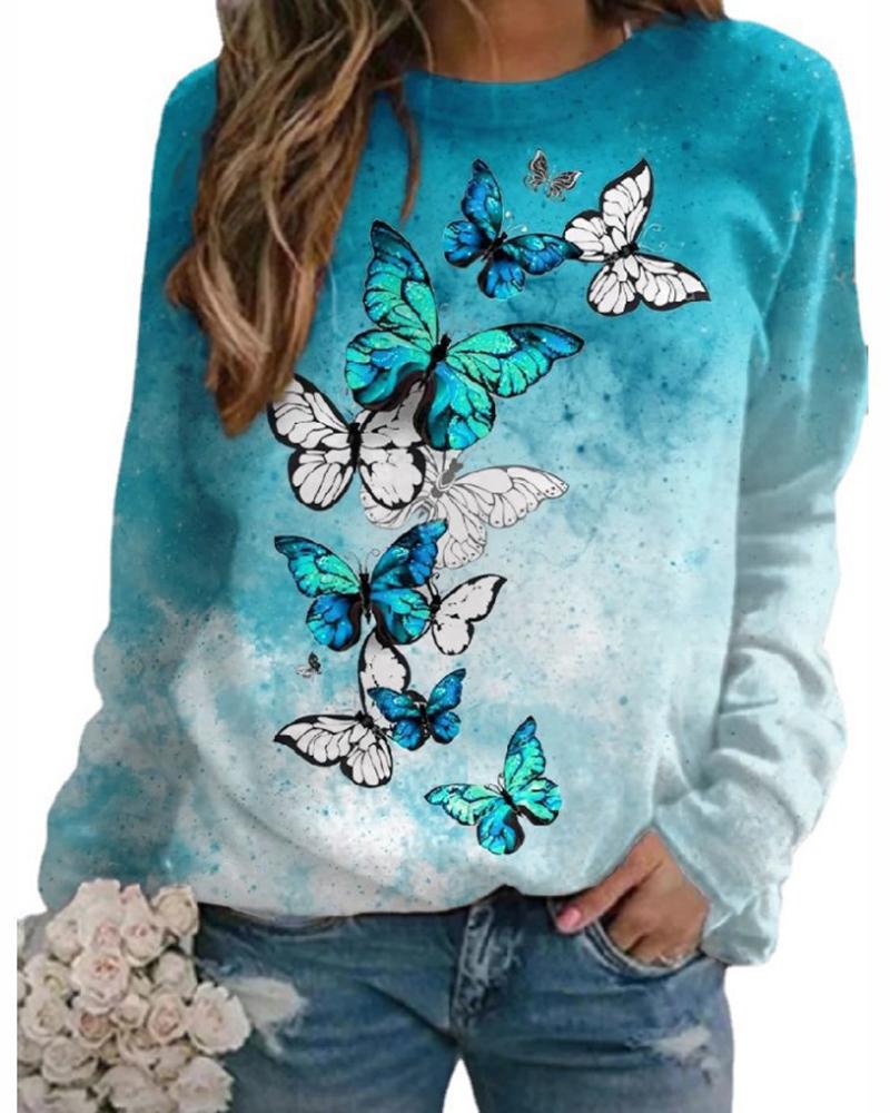 

Butterfly Print Long Sleeve Casual Top, Sky blue