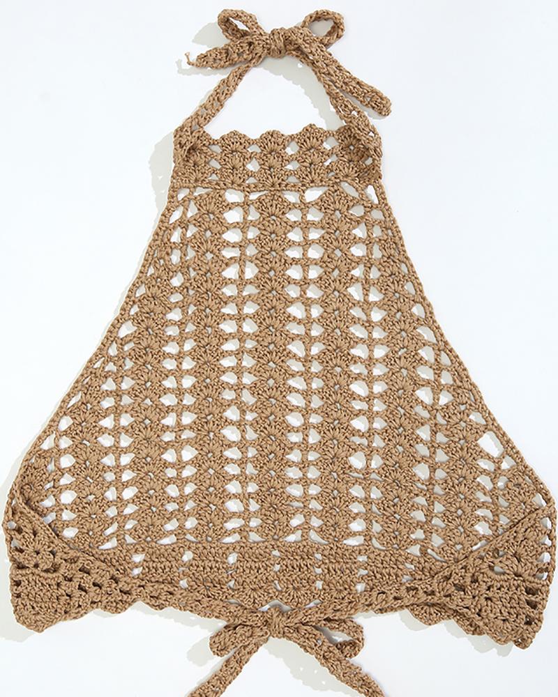 

Halter Knit Hollow-Out Crop Cover Up Top, Khaki